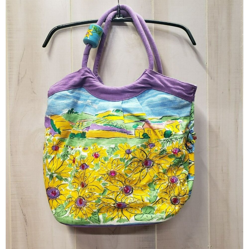 Sally Huss Canvas Tote Yellow Flower Field Beaded, Purple Trim, missing zip pull